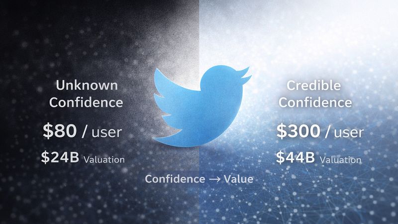 Unknown confidence ($80/user, $24B valuation) versus Credible confidence ($300/user, $44B valuation) — confidence becomes value