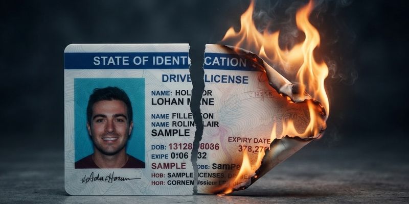 A sample driver's license torn in two, one half burning