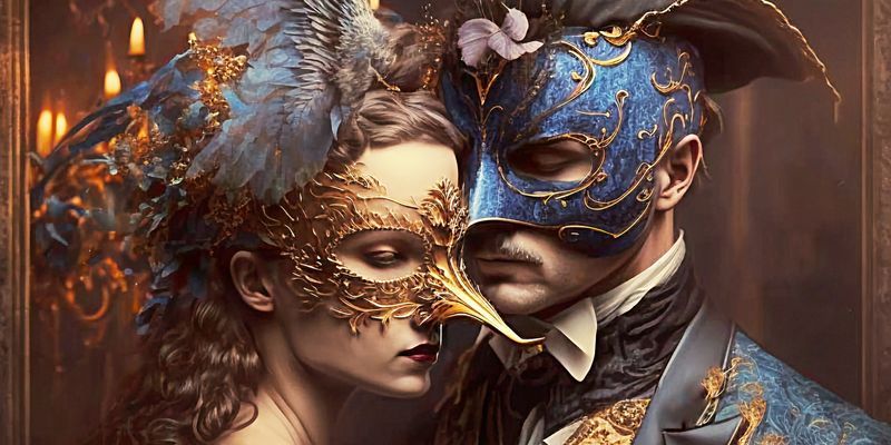 A masquerade couple by candlelight, a woman in an ornate gold mask and a man in a blue and gold mask