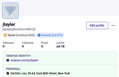 A Mastodon profile for @jtayler showing a “Genuine (5.0 of 5)” badge and a Verified Identity panel linking to truanon.com/p/jtayler