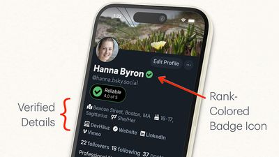 A phone showing a Bluesky profile with a green “Reliable 4.0 of 5” badge, annotated to point out the rank-coloured badge icon and the verified details beneath it