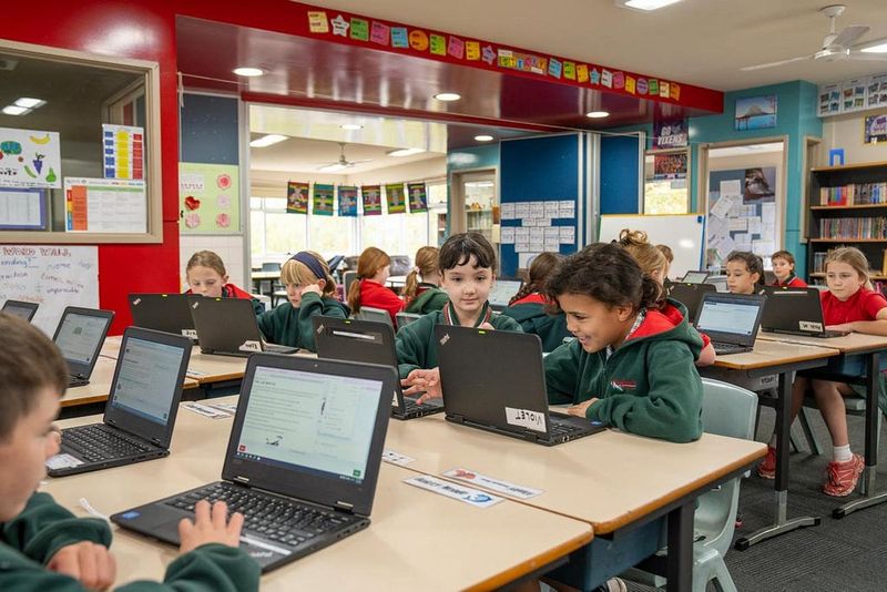 Primary school students working on laptops in a classroom