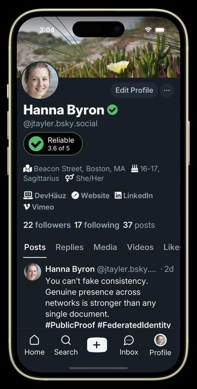 A full Bluesky profile on a phone showing a “Reliable 3.6 of 5” badge above verified location, links and posts