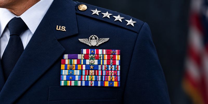 A four-star general's uniform: rank stars on the shoulder, a rack of service ribbons on the chest